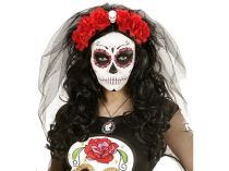 Závoj červené růže s lebkou - Halloween - Masky, škrabošky