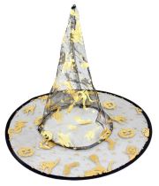 Čarodějnický dětský klobouk s magickými motivy - HALLOWEEN - 28 cm - Nosy, uši, zuby, řasy