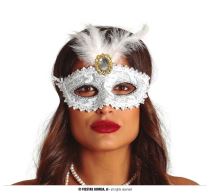 Škraboška - maska bílá s peřím - Masky, škrabošky, brýle