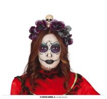 Čelenka s lebkou a šedofialovými květy - Halloween - Karnevalové doplňky