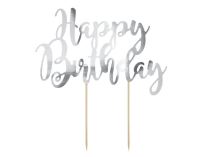 Dekorace - zápich na dort Happy Birthday - narozeniny - stříbrná - 22,5 cm - Narozeniny 60. let