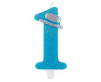 Svíčka 1. narozeniny chlapeček - modrá třpytivá s kloboukem - 9 cm - Fóliové