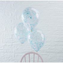 BALÓNKY 30cm - průhledné s modrými konfetami - 6 ks - Baby shower – Těhotenský večírek
