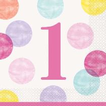 Ubrousky 1. narozeniny růžové s puntíky - HOLKA - 33 x 33 cm - 16 ks - Happy birthday - Papírové