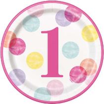 Talíře 1. narozeniny růžové s puntíky - HOLKA - 22 cm - 8 ks - Happy birthday - 1. Narozeniny holčička