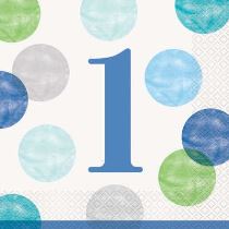 Ubrousky 1. narozeniny modré s puntíky - KLUK - 33 x 33 cm -16 ks - Happy birthday - Fóliové