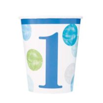 Papírové kelímky 1. narozeniny modré s puntíky KLUK - 270 ml - 8 ks - Happy birthday - Fóliové